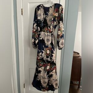 Floral Satin Wrap Long Sleeve Dress